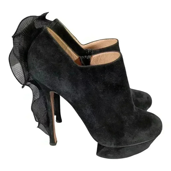 Nicholas Kirkwood Bootie Ankle Heels Shoes Ruffle Platform Black Suede 40/US 10 - Picture 6 of 11